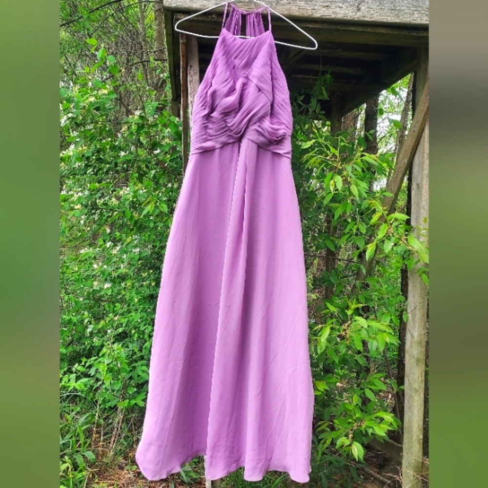 Azazie Purple Halter Neck A-Line Pleated Chiffon Floor-Length Dress